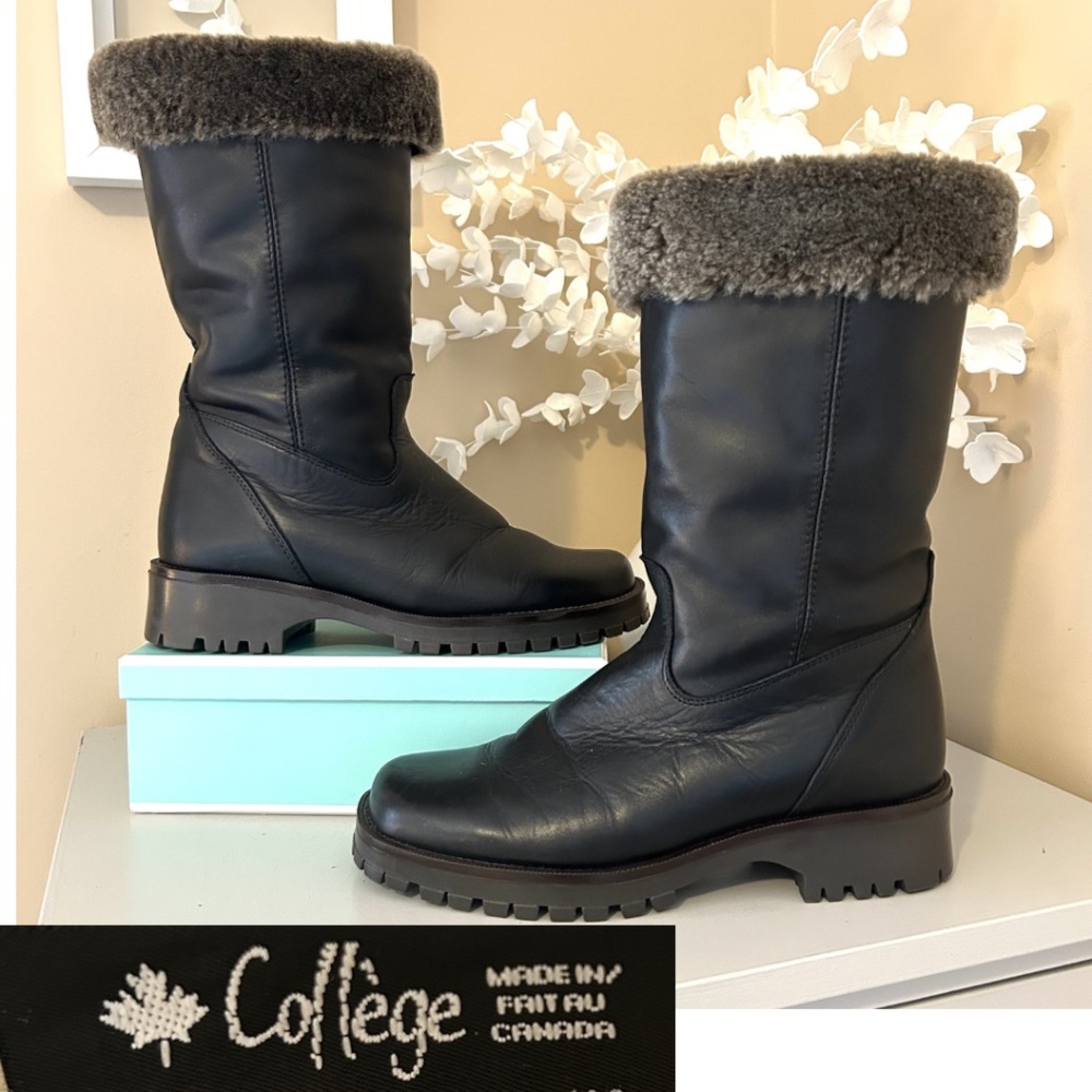 EUC Vintage College Leather Shearling Boots Dark Brown Size 8 Made in Canada